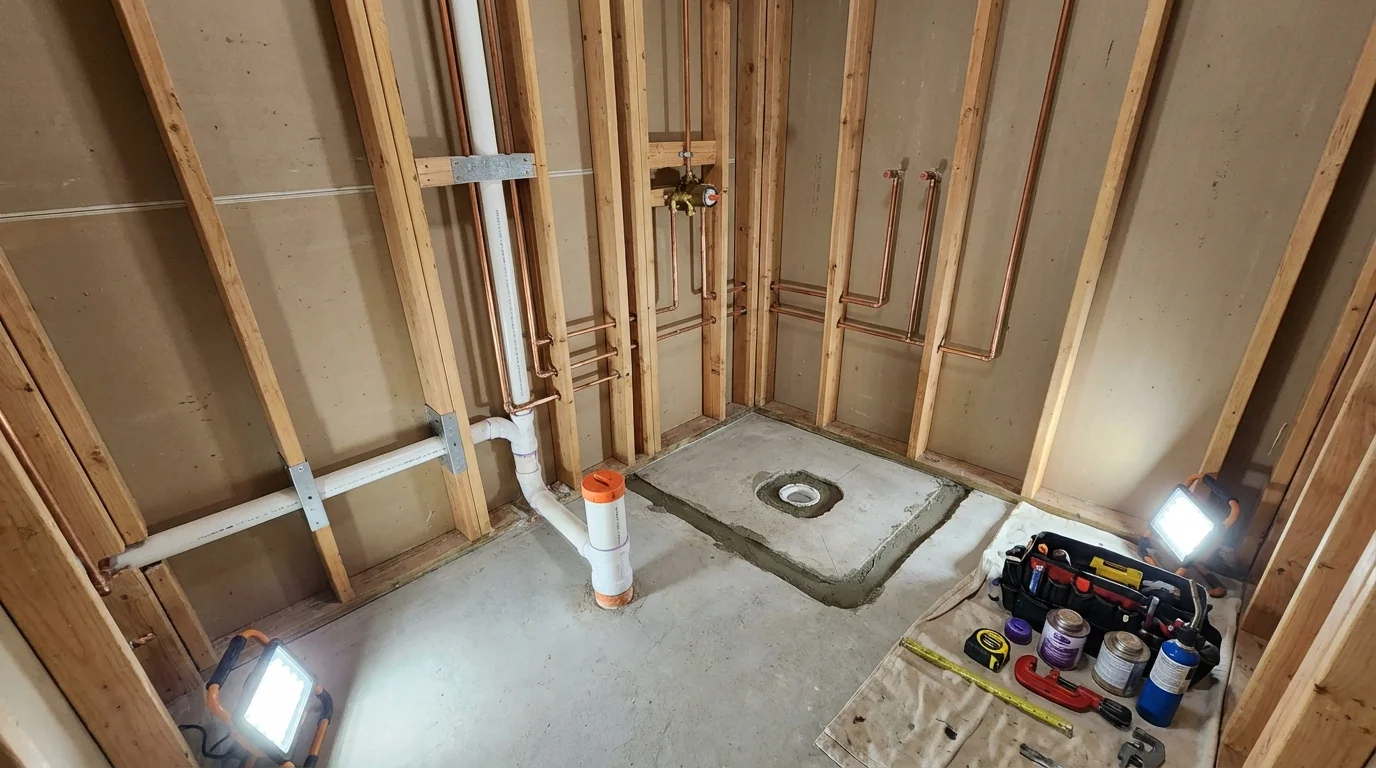 Bathroom rough-in plumbing during remodel by Johns Plumbing LLC in Orrville