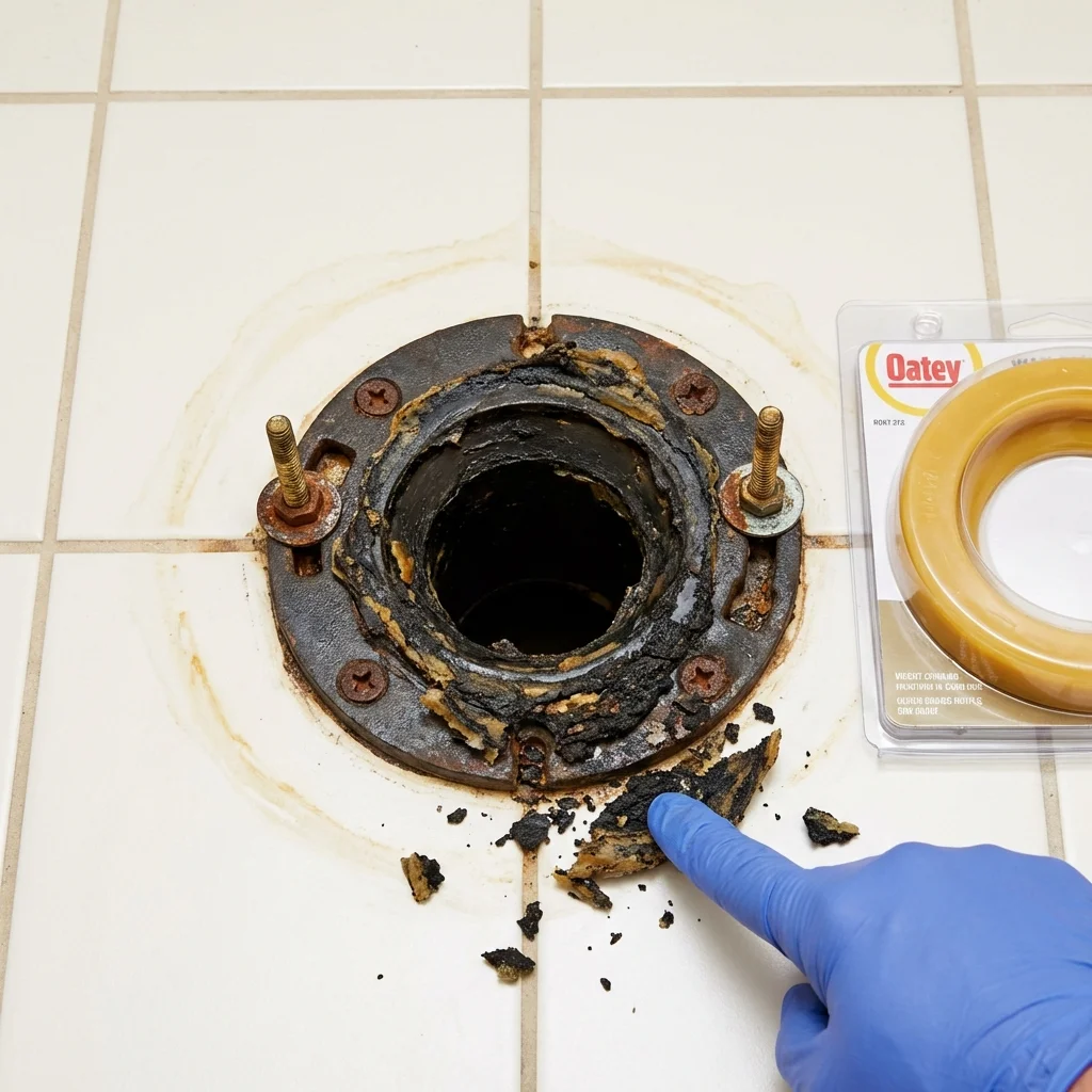 Failed wax ring showing water seepage at the base of a toilet in a Orrville, OH home