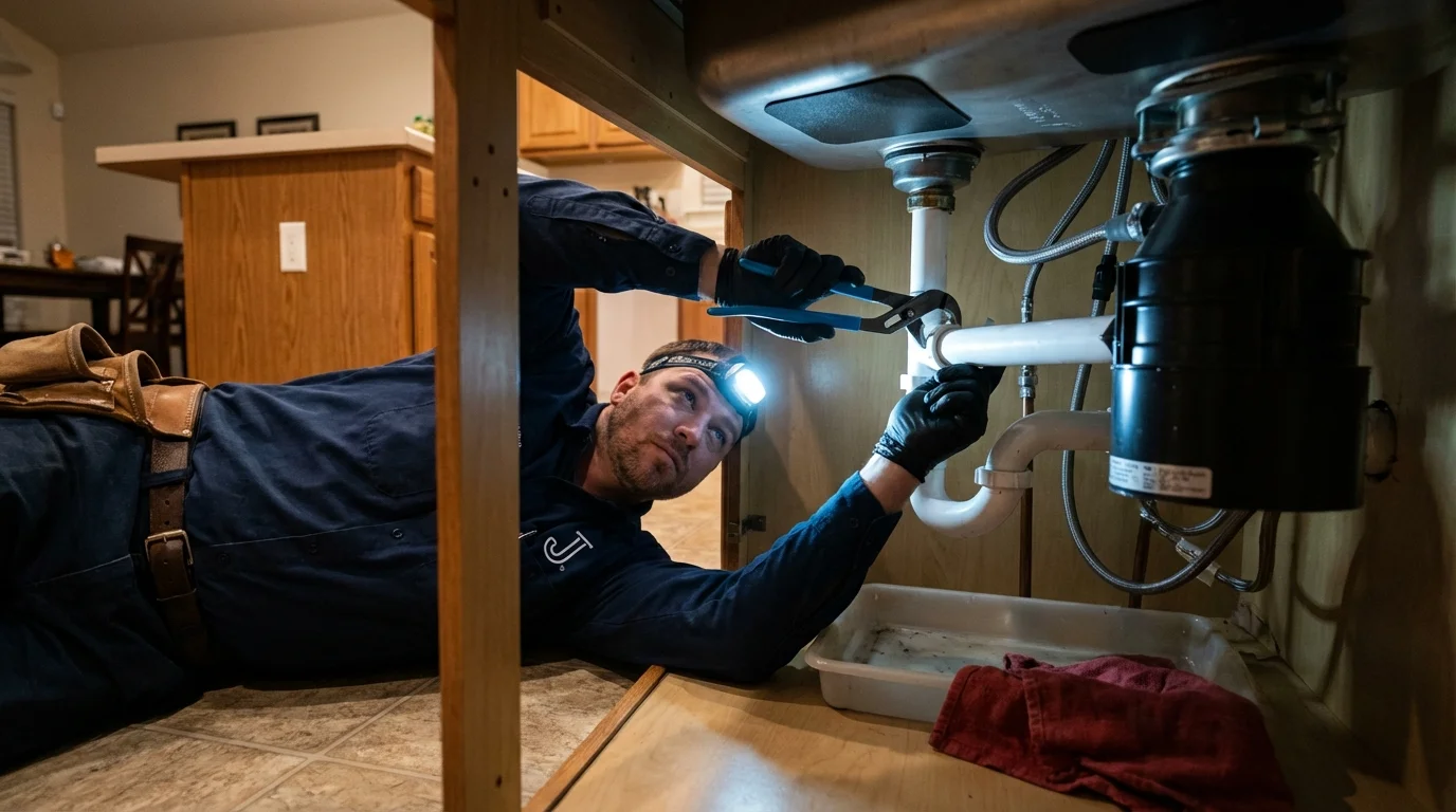 P-trap and supply line connections under a kitchen sink showing a common leak point in Orrville, OH